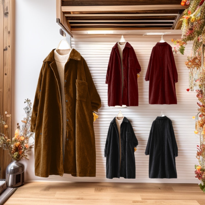 2024 Autumn/Winter Independent Brand Amazon Corduroy Lapel Long Sleeve Vintage Coat Mid-Length Women's Fashion Versatile