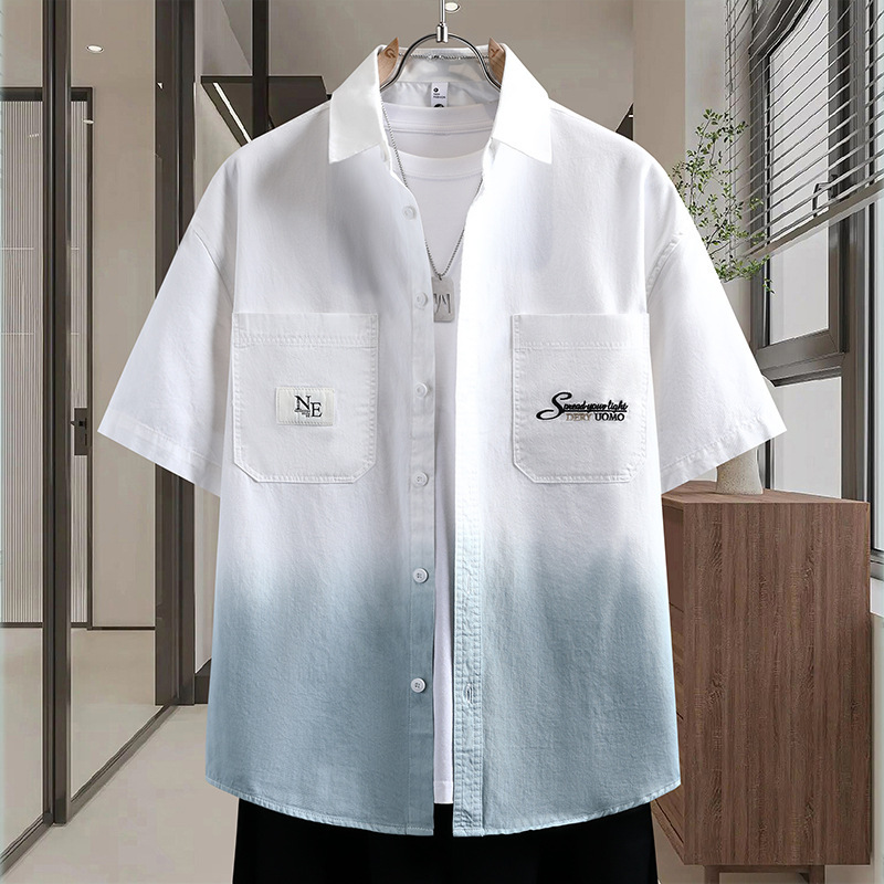 Tie-Dye Gradient Short-Sleeved Shirt for Men, Trendy Casual Workwear, Loose Cotton Shirt, Youth Student Jacket