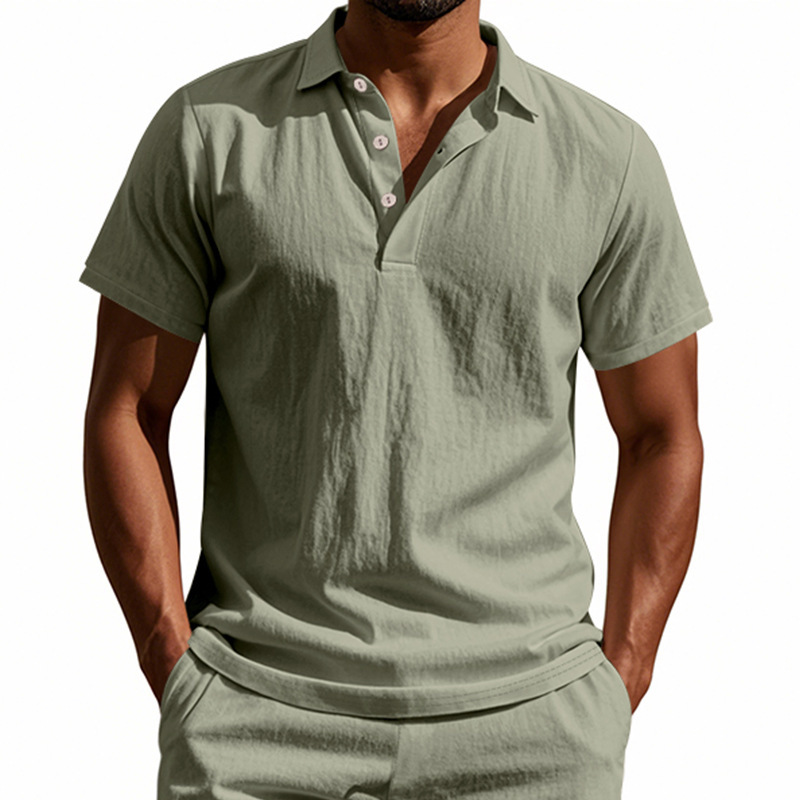 Transfronterizo europeo y americano verano hombres estilo británico tendencia suelta lino transpirable casual solapa hebilla camisa POLO manga corta