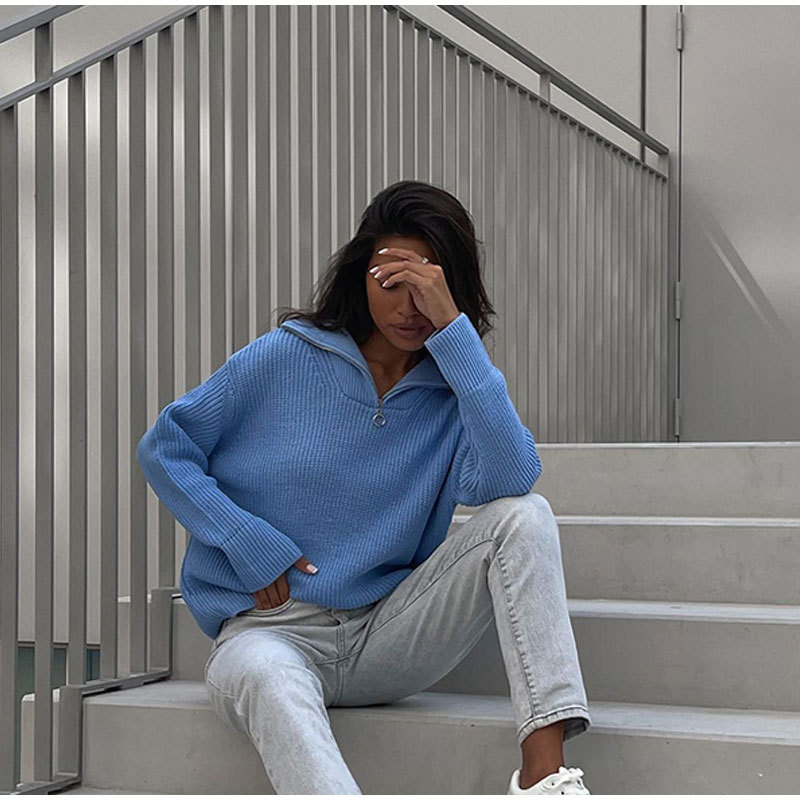 032 cremallera suéter Jersey de punto suelta ropa de mujer casual Otoño e Invierno mujeres europeas y americanas suéter de punto mujeres