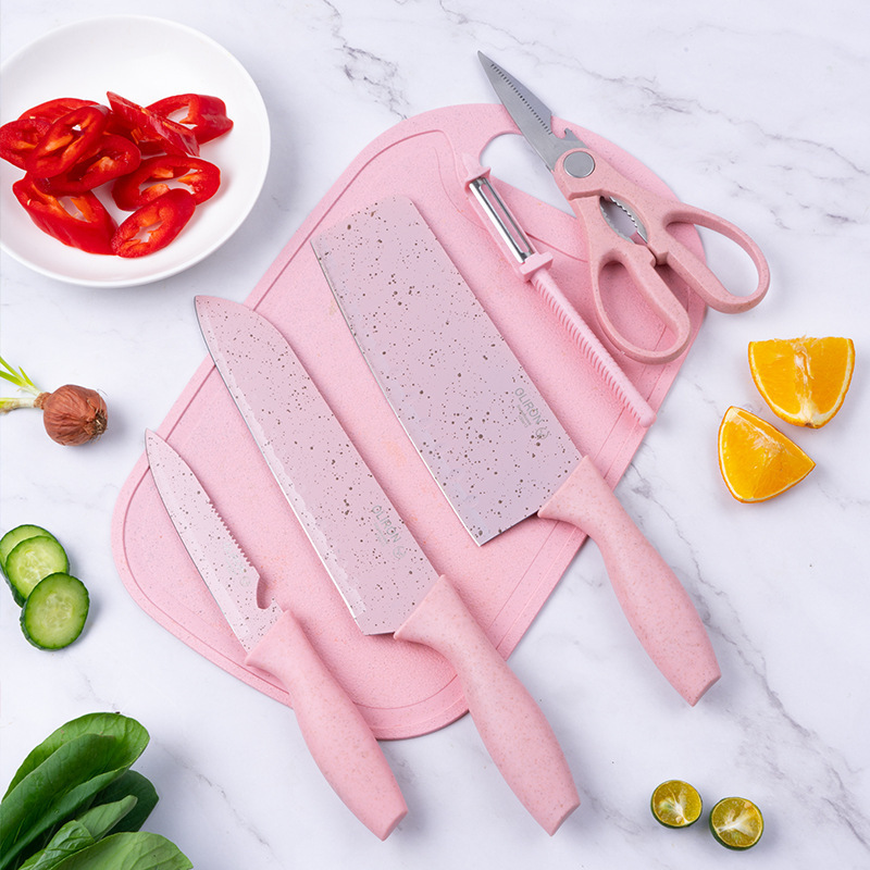 Fabricante de paja de trigo de color con cuchillo base 6 piezas de cuchillo de acero inoxidable cuchillo de cocina doméstico conjunto de regalo