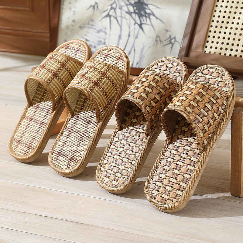Summer Rattan Woven Sandals, Lightweight Flats Bottom Bedroom Home Couple Men and Women Breathable Straw Mat Bamboo Woven Sandals