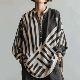 2026跨境欧美秋季女士经典休闲条纹印花棉麻混纺宽松长袖亨利衫