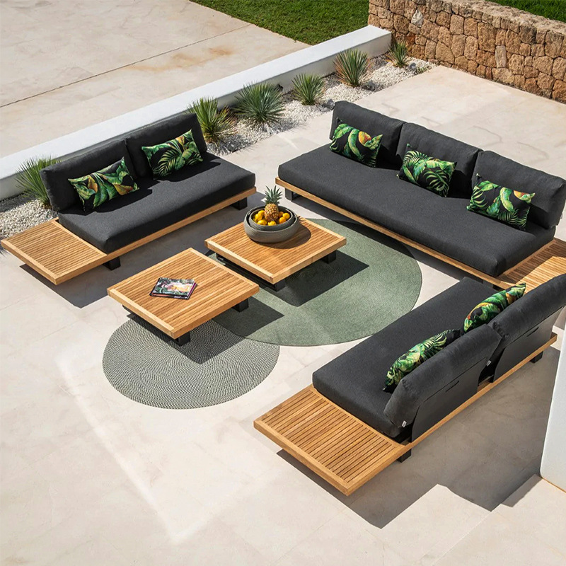 Sofá al aire libre patio jardín de madera maciza combinación de ocio al aire libre balcón impermeable muebles de teca caña