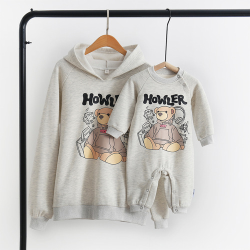 Winter and Spring Hoodie Grey Cartoon Anime Parent-Child Set 2024 New Korean Style Bear Alphabet Print Family Set Long Sleeve