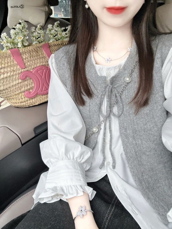 设计感小众灰色针织外搭马甲女2025秋季新款叠穿系绳背心毛衣外套|undefined
