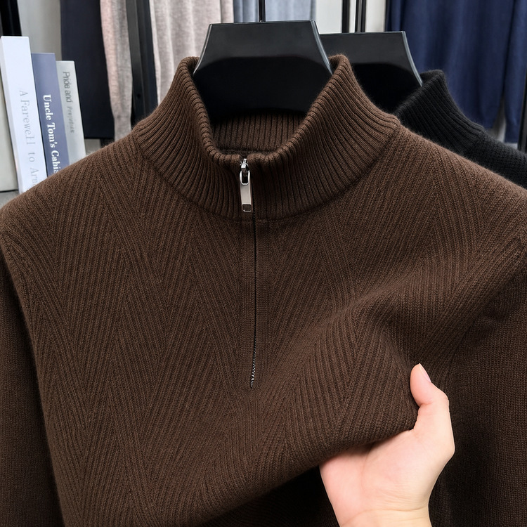 Half-zip stand-up collar men's knitted sweater with thick diamond jacquard, thick autumn and winter base shirt, men's clothing from the source factory