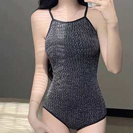 黑闪连体游泳衣女专业竞速游泳馆低叉三角大包臀遮肚显瘦美背泳装