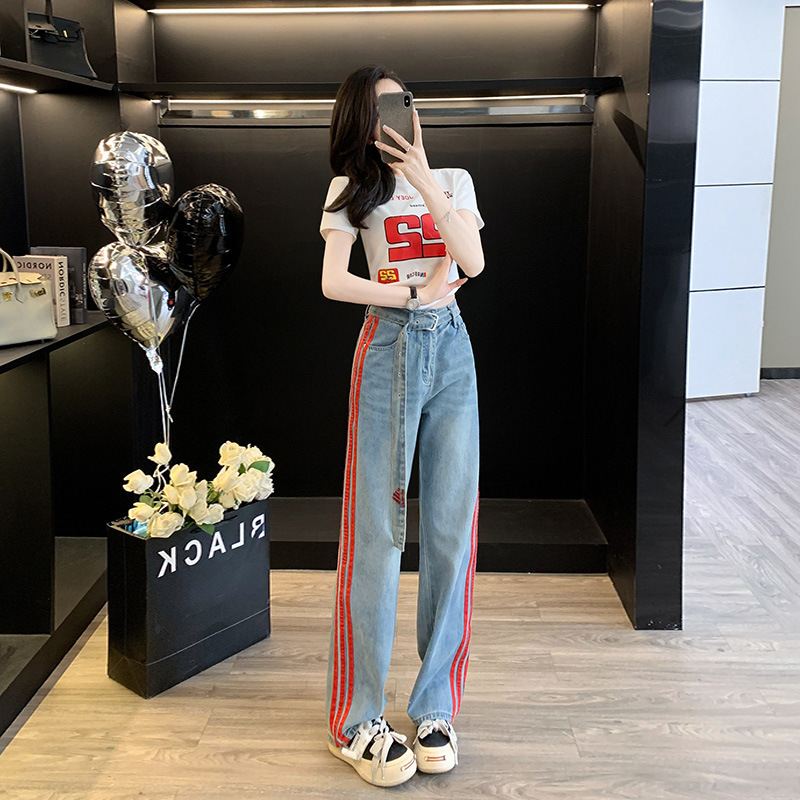Trendy Brand Fashion Fried Street Two-piece suit Women's Summer New Fashionable Western-style Slim-fit T-shirt Straight-leg Jeans suit