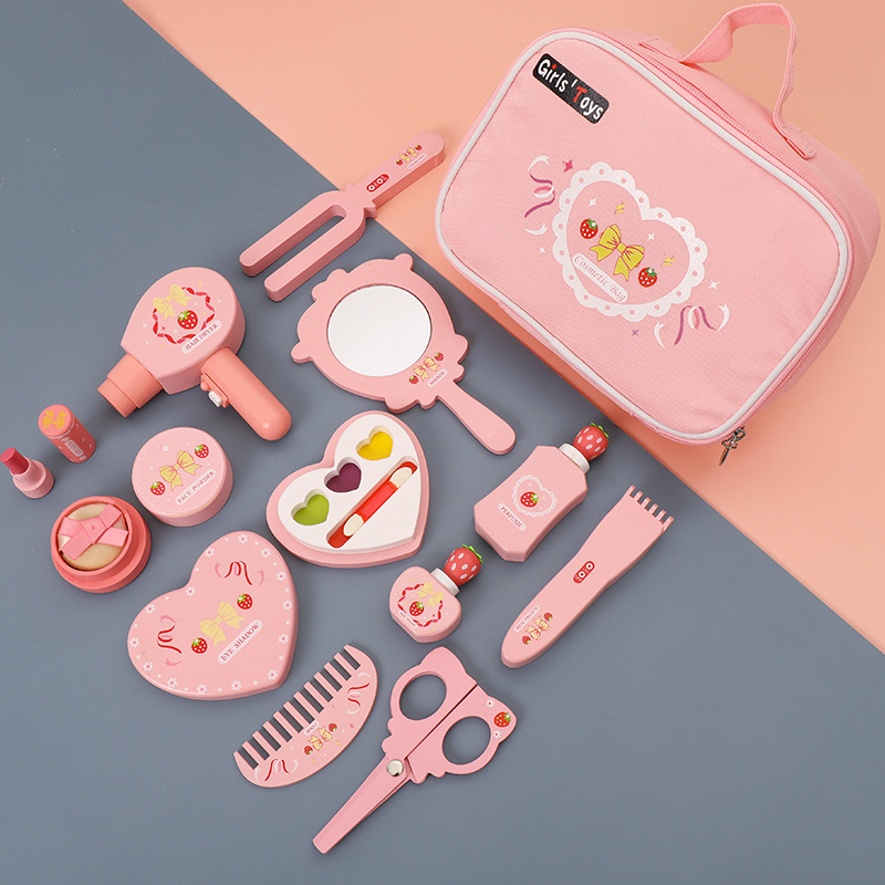 Wooden children's simulation play house cosmetics and hairdressing toy set girl princess nail polish makeup makeup box