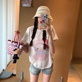 韩系韩版甜美卡通kt猫印花短袖夏季新款洋气减龄正肩圆领上衣ins