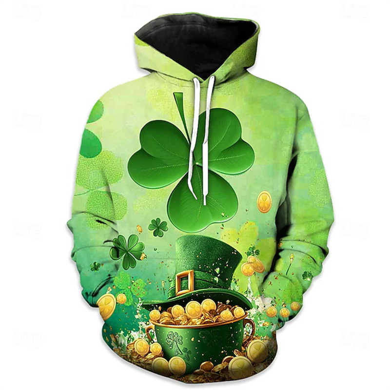 New Cross-Border Men's Hoodie St. Patrick's Day Clothing 3D Printed Green Clover Hat Graphic Top