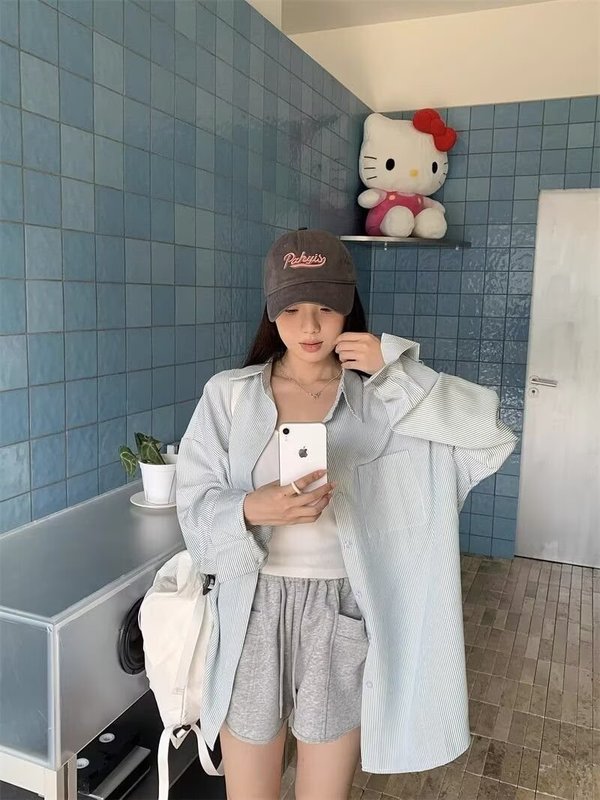 慵懒风条纹翻领长袖衬衫女韩系设计感休闲宽松衬衣春秋开衫防晒衣|undefined
