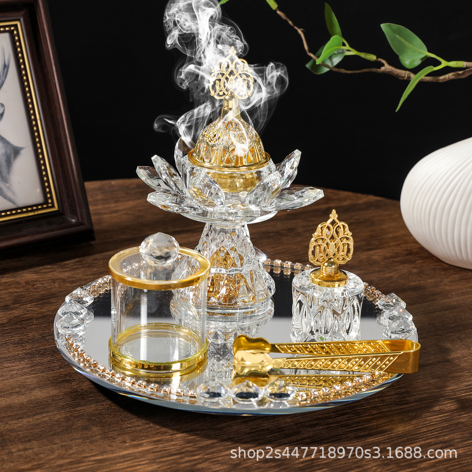 玻璃莲花香炉四件套阿拉伯家居摆件水晶香薰炉incenseburner创意