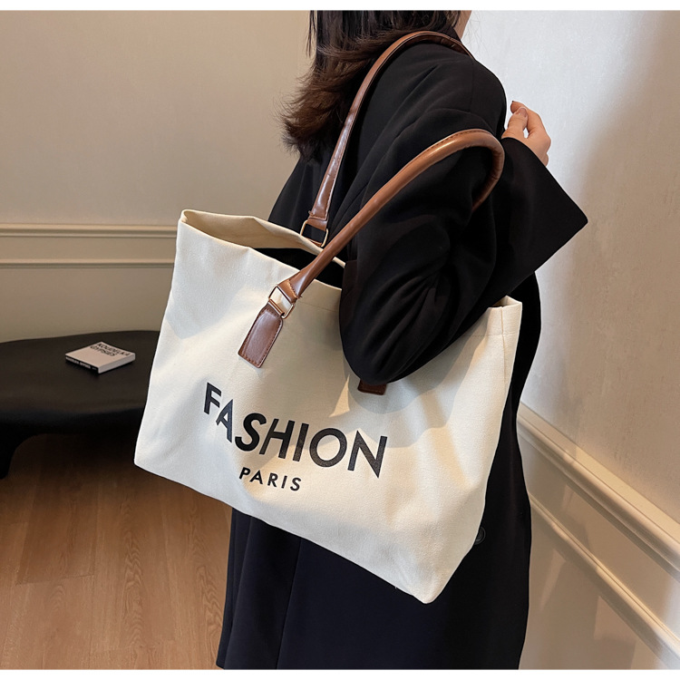 262g Weight Polyester Lining Material Open Closure Type Single Shoulder Strap Strap Type Tote Bag Bags Type Holiday, Daily Occasion Canvas Material Letter Pattern All Seasons Season Women's Gender Classic Style Style Square Shape Large Size Women's Large Canvas Letter Classic Style Square Open Tote Bag 19