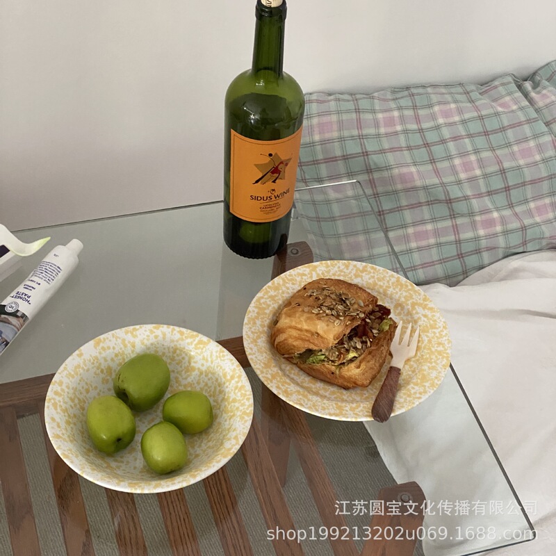 Real Shot! Homemade Korean Retro Ins Colorful Splatter Ink Bowl and Plate Set, Salad Plate, Yogurt Bowl, Ceramic Tableware