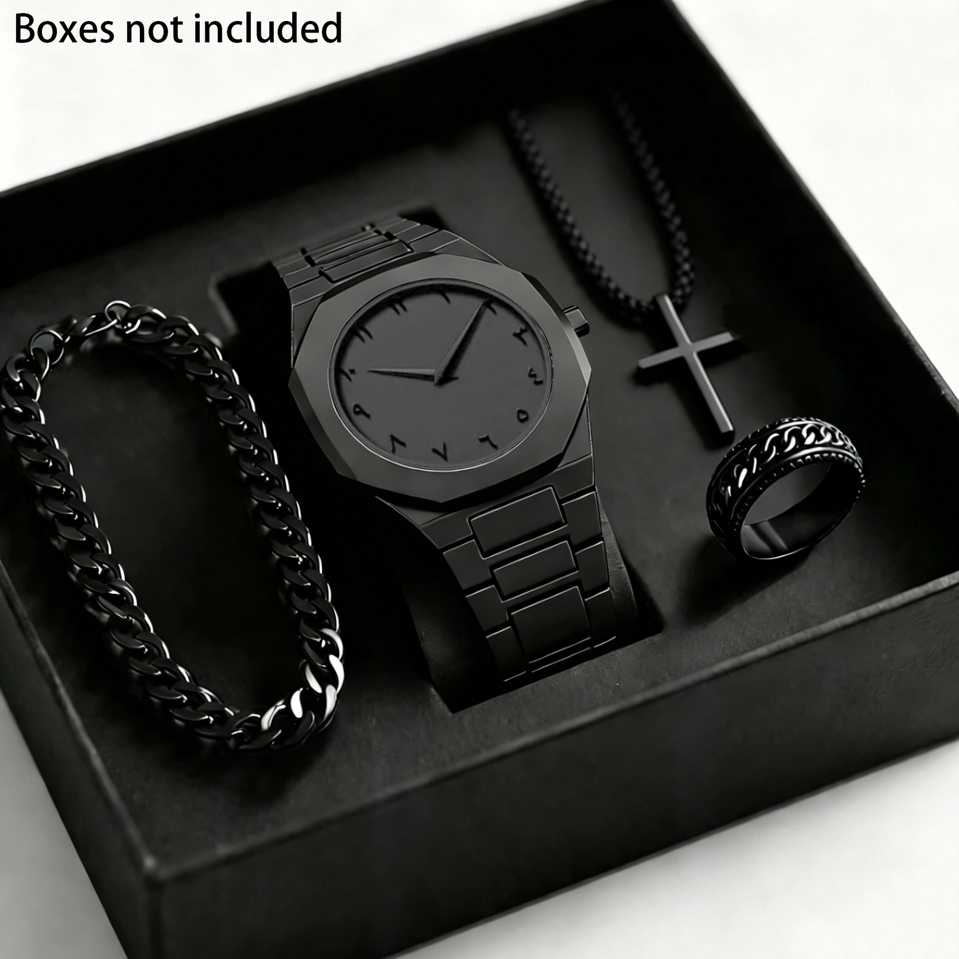 Transfronterizo explosión de moda de Oriente Medio relojes de cuarzo de moda de hombre relojes de pulsera negros anillo collar conjunto caja de regalo image 3