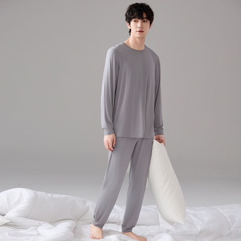 Pijamas modales para hombres primavera y otoño pantalones largos de mangas largas sueltos de tamaño grande verano para hombres simple set de ropa de casa gris