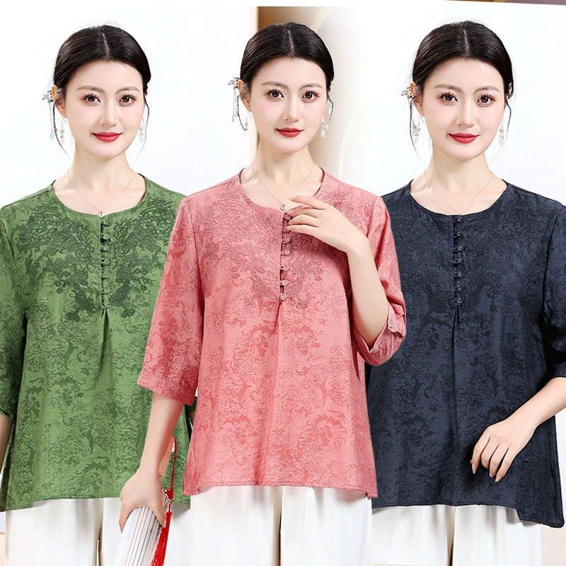 Летняя новая винтажная футболка Tiansi Ma с семью рукавами свободный национальный стиль тонкий вышитый круглый воротник, чтобы покрыть живот
