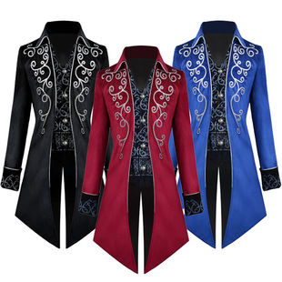 Amazon European and American Halloween cos Medieval Silver-edged Tuxedo Vintage Costume Mid-length Punk Men's Coat