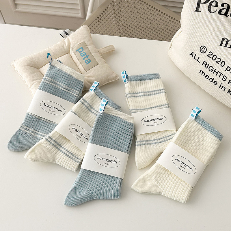 SUXINAIMIN spring and autumn cream baby blue stripes small fresh heel love cloth label tube pile socks children