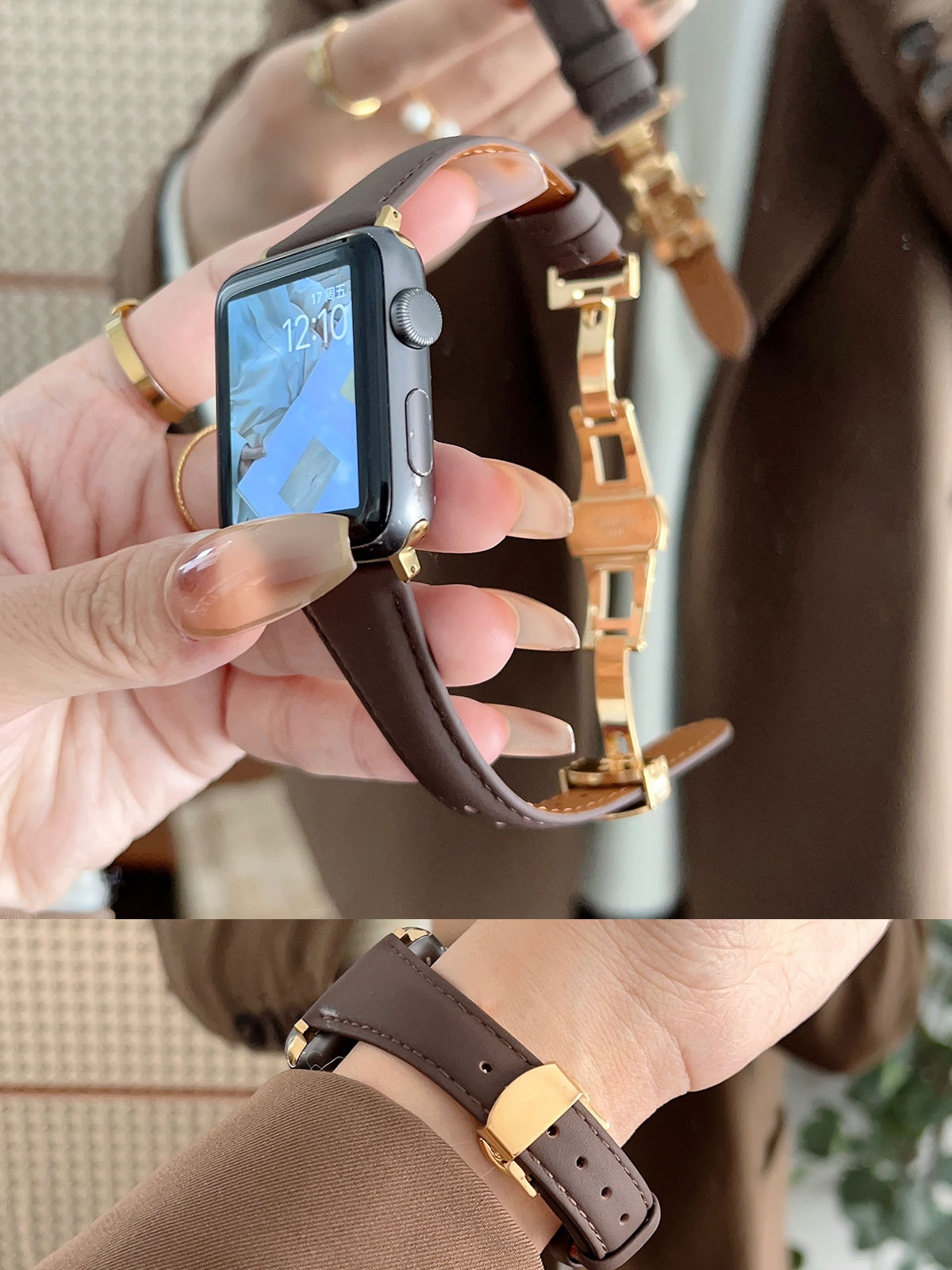 Nueva pequeña cintura adecuada para Apple Watch 8 Correa mariposa hebilla cuero fino watch765432 generación se