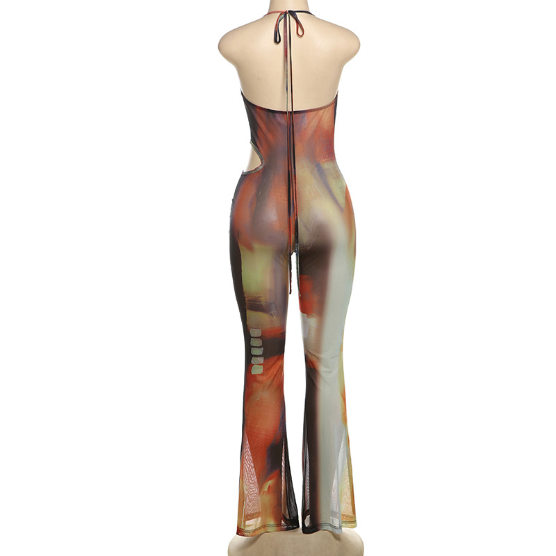 Fall Women Clothing Sexy Backless Mesh Contrast Color Lace Up Micro Pull Jumpsuit