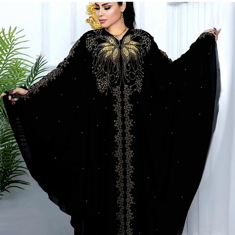 High-End Rhinestone-Embellished V-Neck Hooded Dress with Flared Sleeves for Women, Featuring an Elegant and Sophisticated Irregular Chiffon Long Skirt High-End Rhinestone-Embellished V-Neck Hooded Dress with Flared Sleeves for Women, Featuring an Elegant and Sophisticated Irregular Chiffon Long Skirt