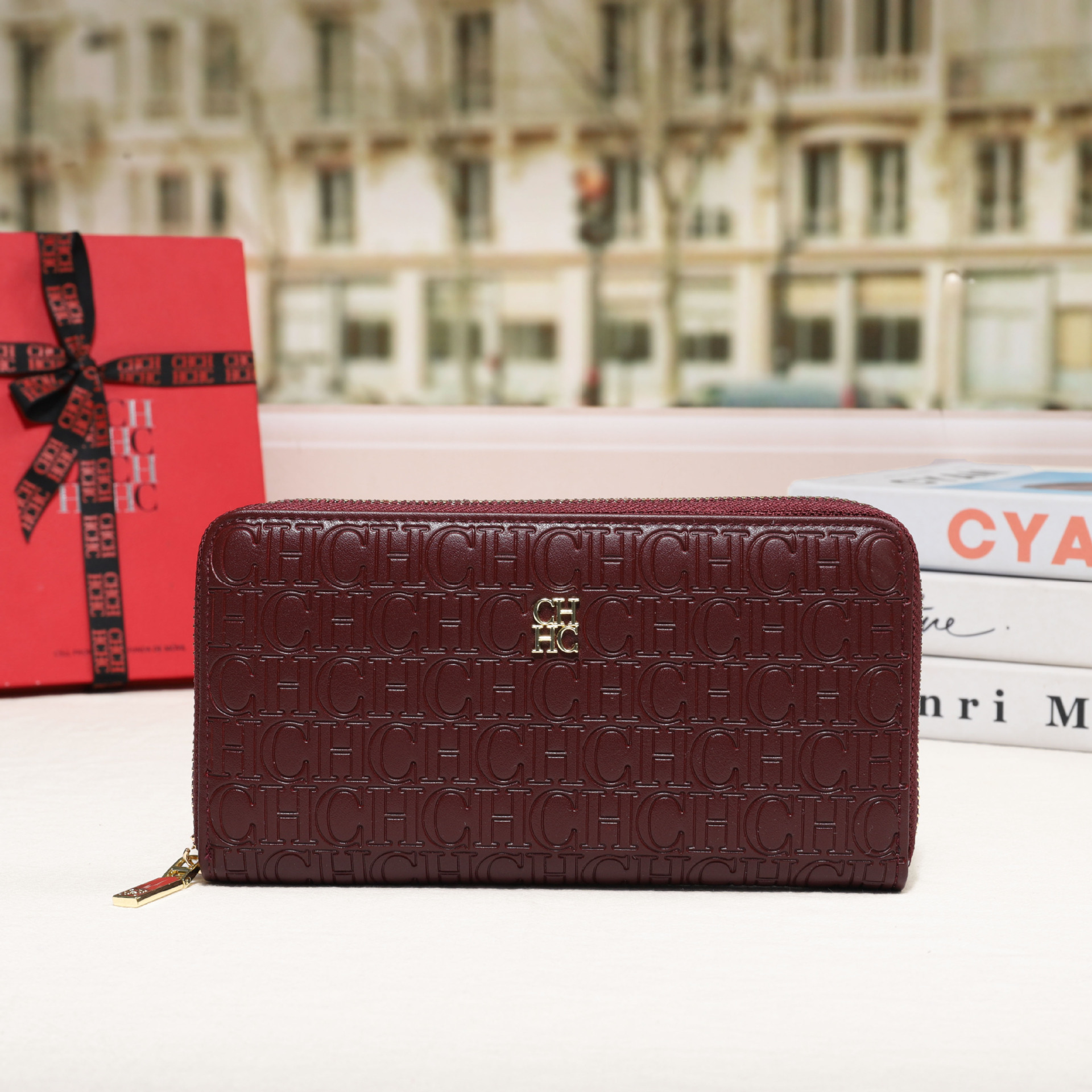 CHHC nuevo bolso 2025 moda femenina billetera con cremallera clásica textura real bolso largo unisex