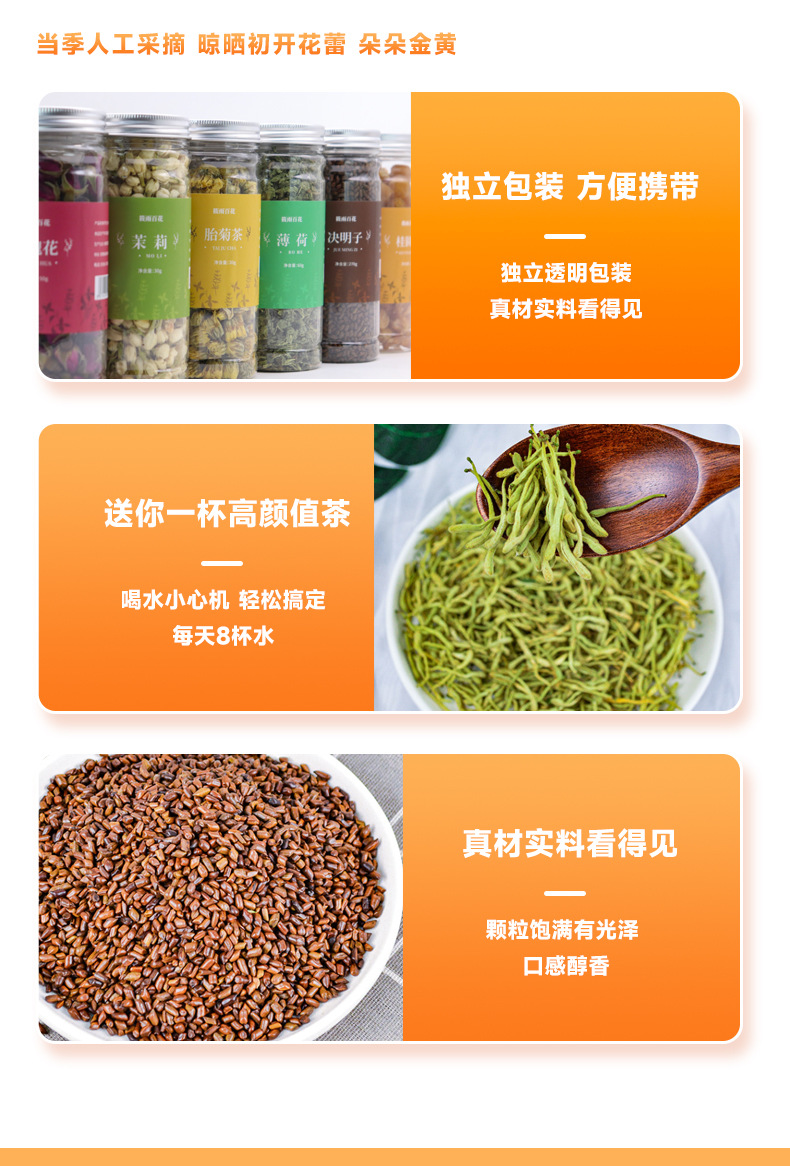 Canned Herbal Flower Tea Blend with Goji Cassia Honeysuckle Burdock Chrysanthemum 200g Bottle specifications