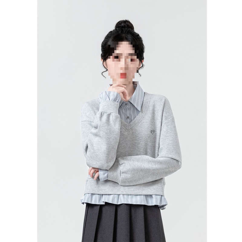 灰色假两件卫衣女春秋2025新款设计感拼接衬衫POLO领套头短款上衣|undefined