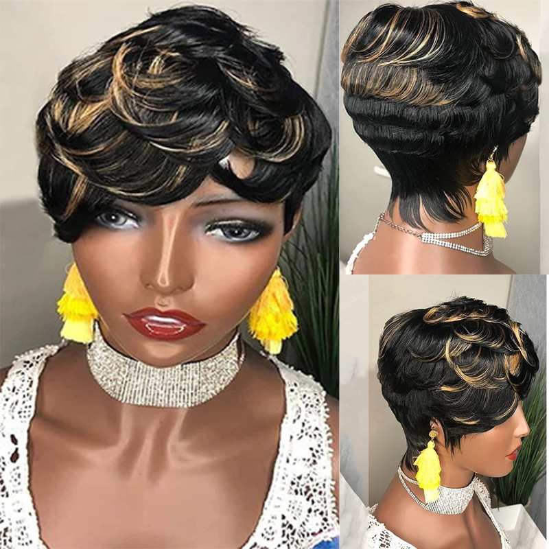 Realistic natural black gold shortwave wig elf cut wig with rippled bangs black blonde mix