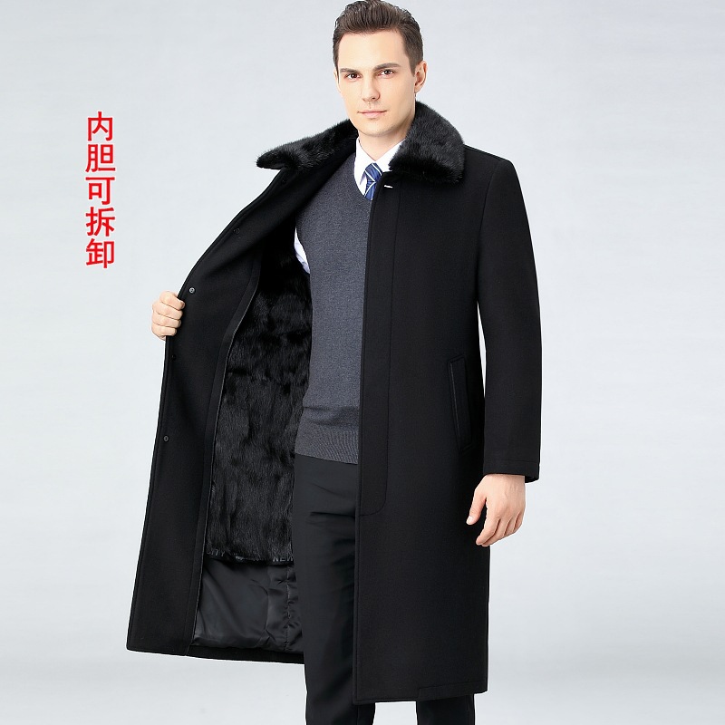 Branded winter mink fur lining men's business long over-the-knee wool coat