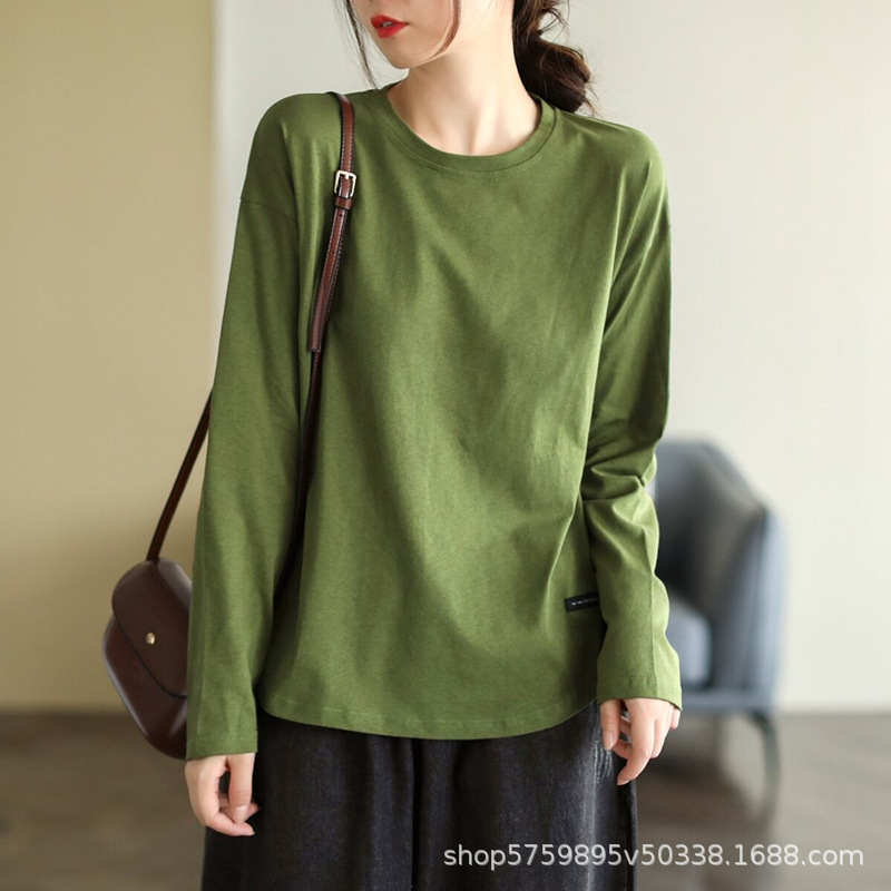 レトロ文学ソリッドカラー初秋ボトリングシャツ女性のための 2025 新しいラウンドネック多用途長袖 Tシャツ女性のトップ