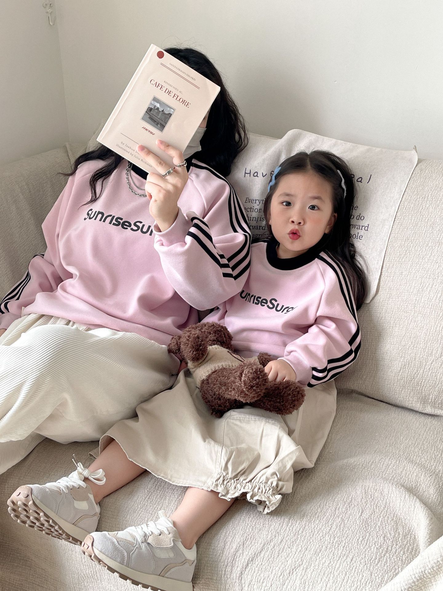 [Sunrisesurge] QZ409 invierno polar-forrado multicolor carta color a juego cuello redondo padre-niño desgaste completo decoración del hogar