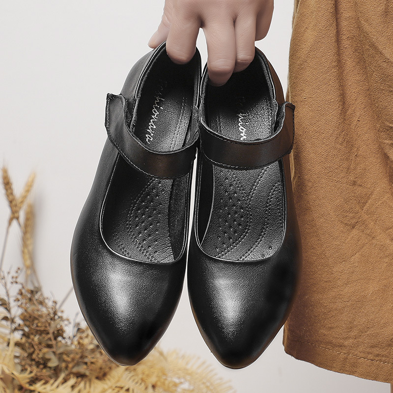Spring and Autumn women's shoes cowhide pointed mid heel pure black breathable low-top Velcro women's leather shoes thick heel non-slip work shoes