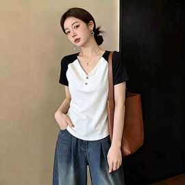 大码服装温柔百搭拼色V领短袖T恤上衣2026年夏胖MM女装跨境亚马逊