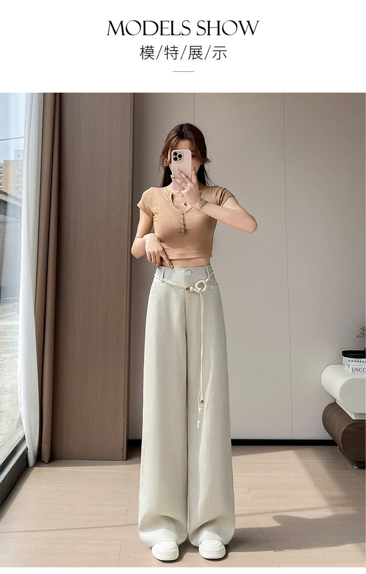 Quần culottes nữ ống rộng vải lanh cạp cao thắt lưng bản to — Màu đen thông thường chi tiết 41