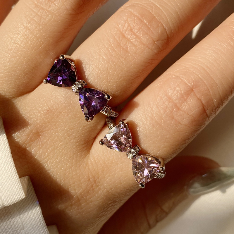 6g Weight Artificial Diamond Inlay Material 1 Piece Fashion Heart Shape Copper Bowknot Inlay Artificial Diamond Women's Rings