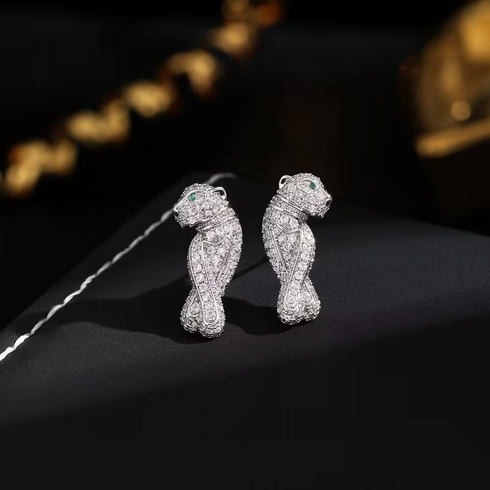 高版本925銀針+真金電鍍 滿鑽豹子鍍金個性潮人豹耳環男女耳環