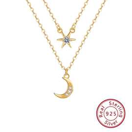 s925纯银欧美跨境闪钻星芒月亮双层项链小众女锁骨链设计感轻奢