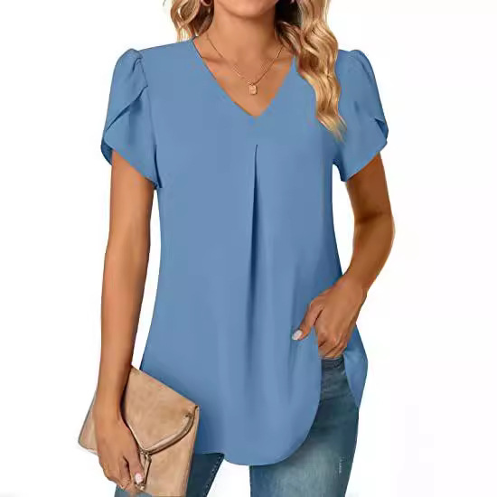 2025 Amazon Independent Site Popular Women's Fashion Chiffon Shirt V Neck Lotus Leaf Short-Sleeved Tunic Top in Stock