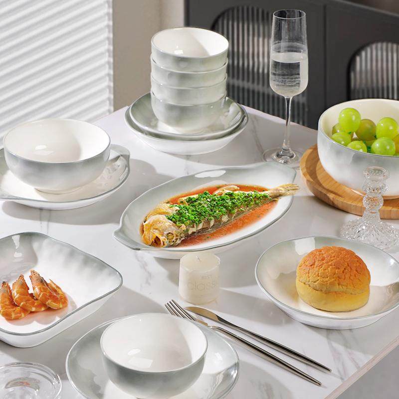 2025 New Model Bowl and Plate Set for Home Use, Smoke Gray Gradient Bowl with Underglaze Color, Housewarming Ceramic Dish Set, Soup Bowl