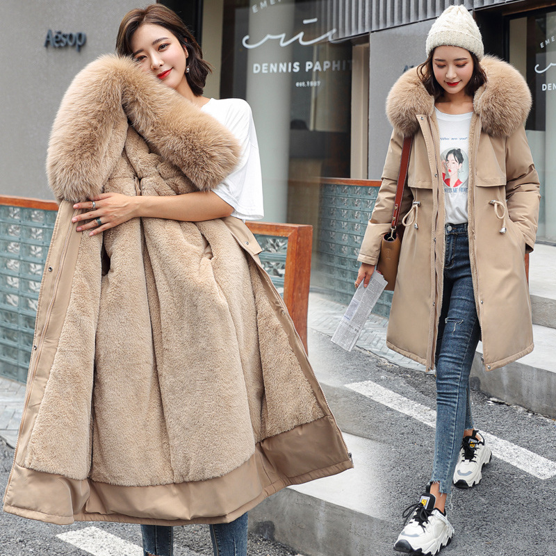2025 Winter European and American New Women's Cotton-Padded Jacket Mid-Length Large Fur Collar Fleece-Lined Cotton-Padded Jacket down Cotton-Padded Jacket