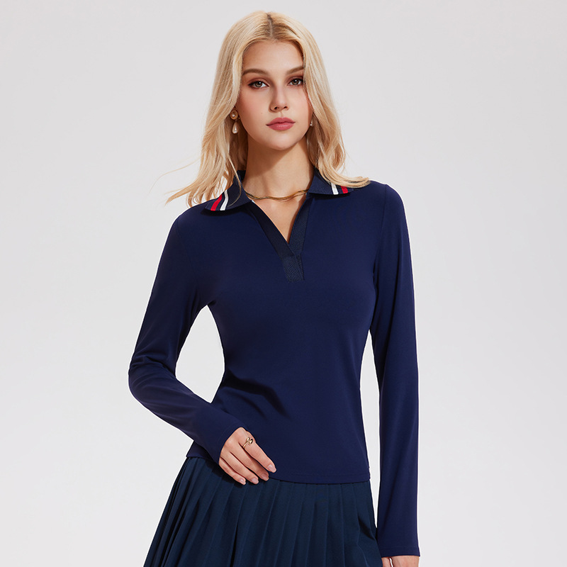 V-collar chaqueta de tenis de mangas largas camiseta de polo deportiva con solapa camiseta de negocios de golf casual chaqueta de ejercicio de secado rápido