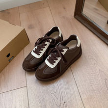 羊皮版~6cm内增高德训鞋女2025新款拼色系带运动鞋平底休闲阿甘鞋