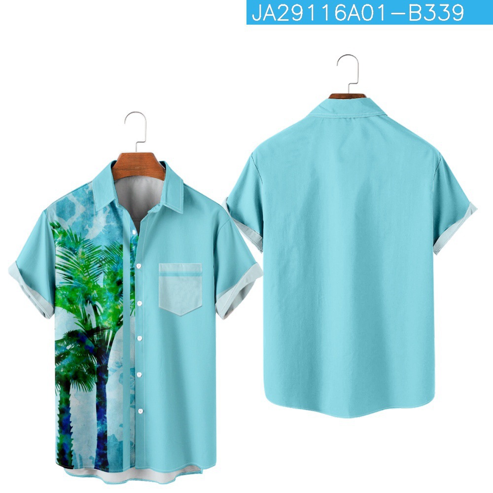 2023 Amazon nuevo transfronterizo Hawaiano planta color bloque patrón de impresión más tamaño de bolsillo de los hombres camisa de manga corta