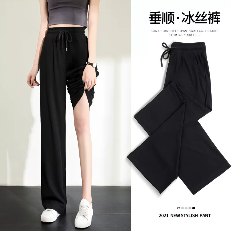 Black thin trousers for leisure, fitted, loose straight fit