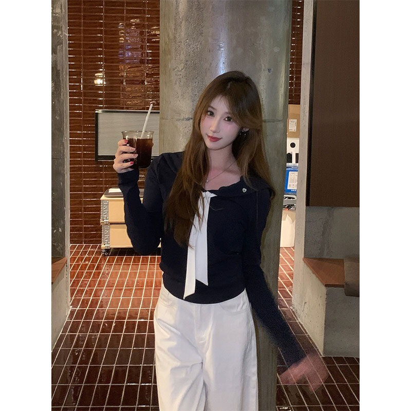 2025 Fashionable New Korean-Style Doll Collar Color-Blocked Top with Tie, Early Autumn New Slim-Fit Hot Girl Long-Sleeve T-Shirt in Stock