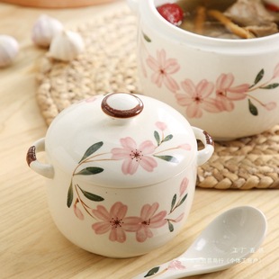 Japanese-Style Cherry Blossom Ceramic Soup Cup Dessert Water-Proof Stew Cup Baby Steamed Egg Cup with Lid Soup Pot Stew Pot Inner Ceramic Pot